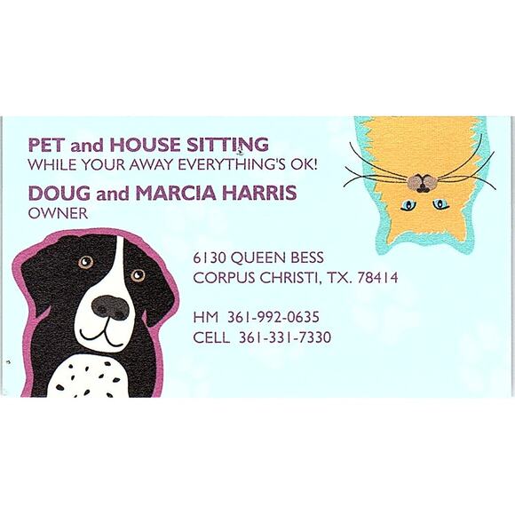 Pet & House Sitting Doug & Marcia Harris Corpus Christi TX Card STK2-BC2-5 - Picture 1 of 2